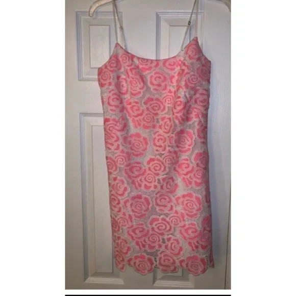 Lilly Pulitzer Beth Pink & White Two Tone Floral Lace Overlay Dress, Size 0